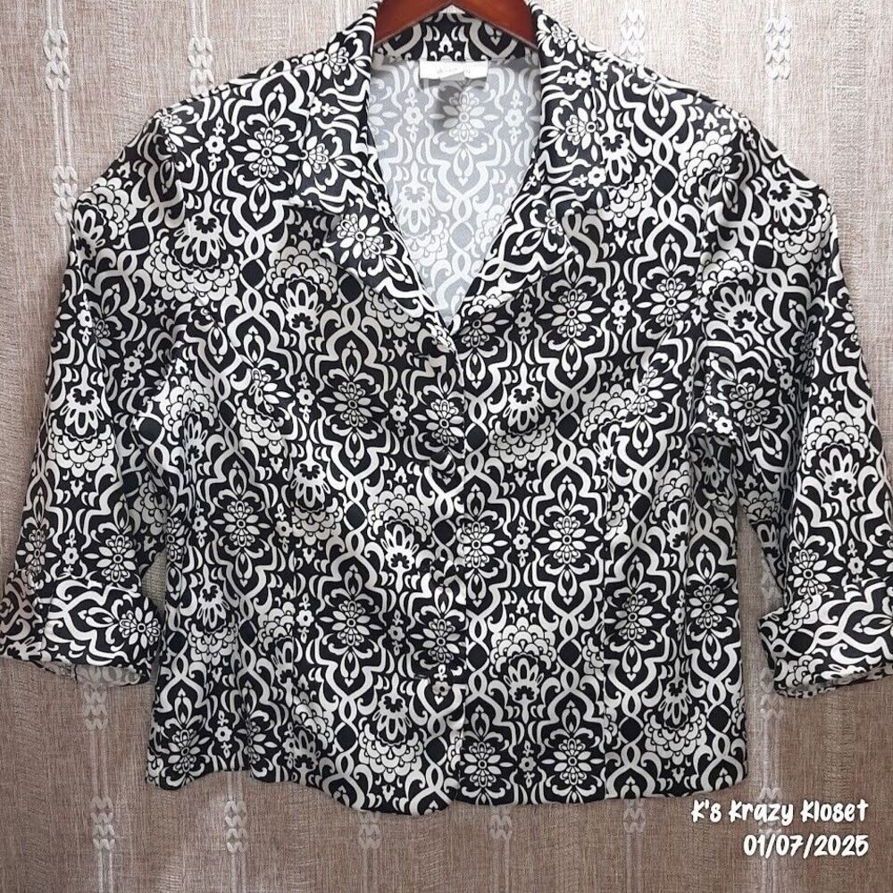 Dress Barn Blazer Jacket XLarge Black White Floral Geometric 3/4 Sleeve Stretch
